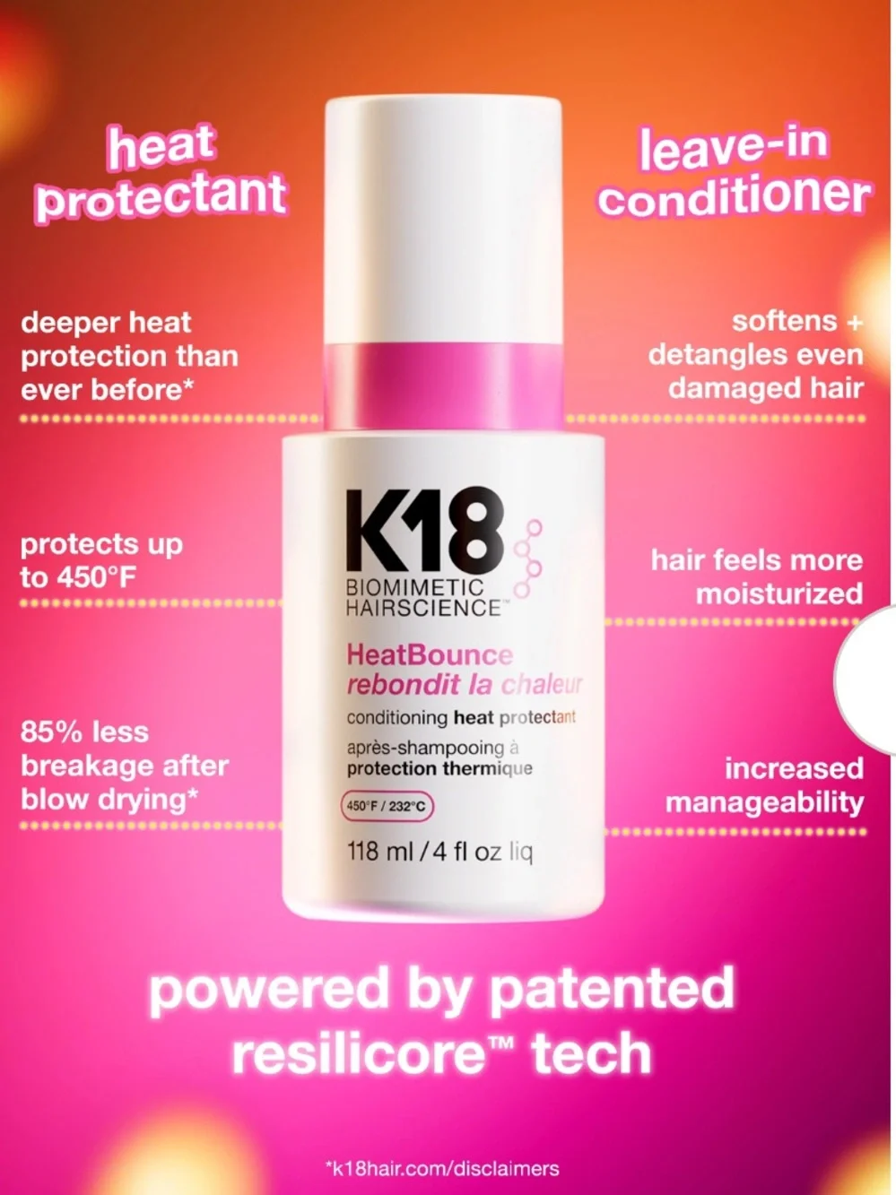 K18 HeatBounce Conditioning Heat Protectant Full Size 4 fl oz / 118ml